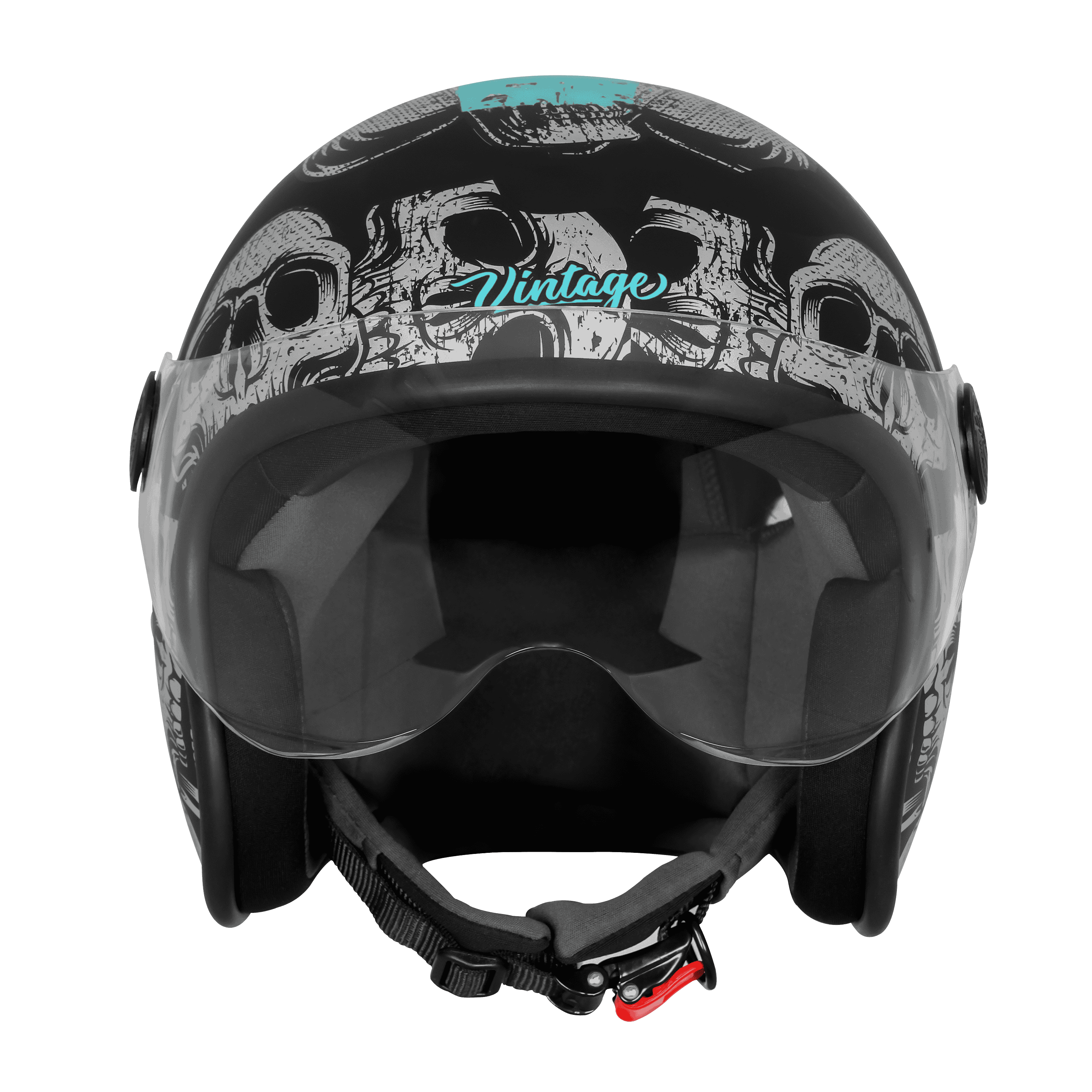 SBH-54 VINTAGE SKULL GLOSSY BLACK WITH TURQUOISE